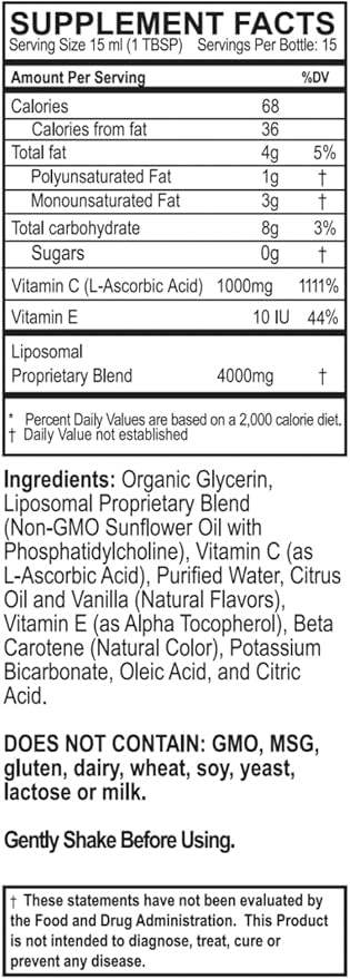 Vitamin C Liquid Supplement 1000mg per Serving, Micelle Liposomal Enhanced Absorption, Non-GMO, Gluten Free, Vegan, 15 Day Supply
