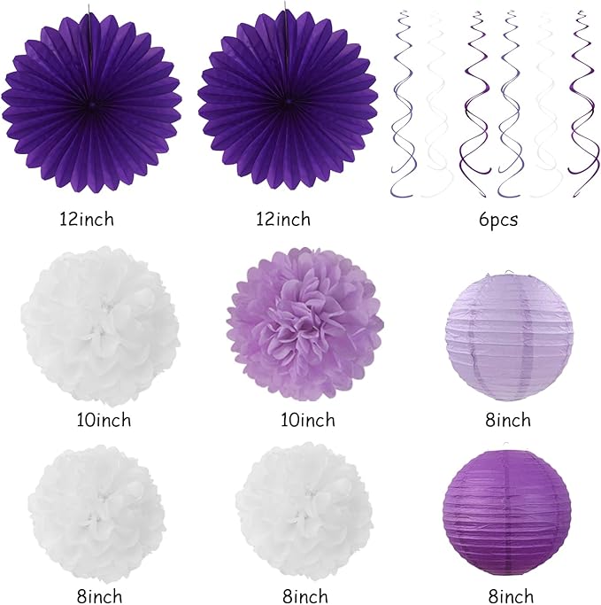 Purple-Lilac Lavender-White Happy Birthday Party-Decorations - 31pcs 20th Women Girls Paper Lanterns Streamers Banner,Tissue Pom Poms Decor,Flower Fans Tassels Graland Backdrop Supplies Hugmoon