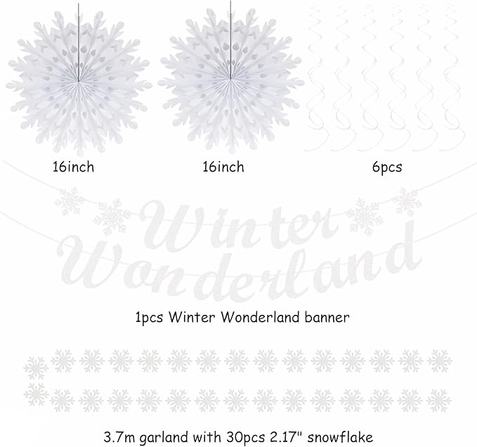 Winter-Wonderland Christmas-Snowflake White Party-Decorations - 21pcs Wedding Baby Shower Snow Banner,Paper Lanterns Honeycomb Streamers,Tissue Pom Poms Flower Fan,Classroom Hanging Decor Huglony