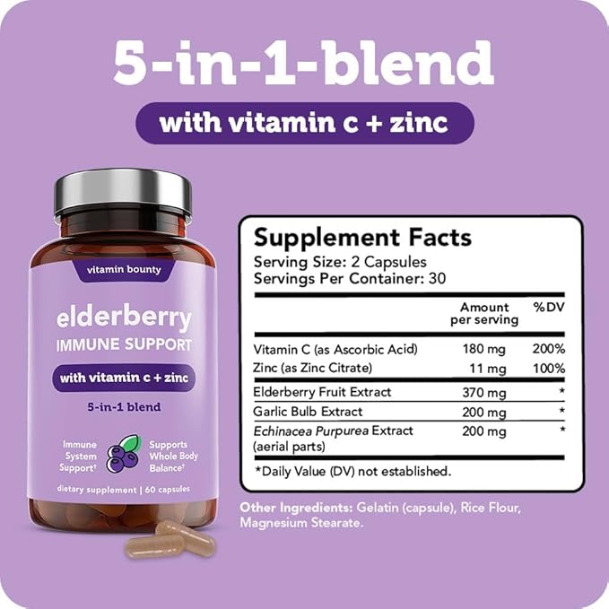 Vitamin Bounty Organic Elderberry Capsules – Sambucus Elderberry with Vitamin C and Zinc – Immune System Boosters for Adults – Antioxidant Formula for Immune Support– Non-GMO, 60 Capsules