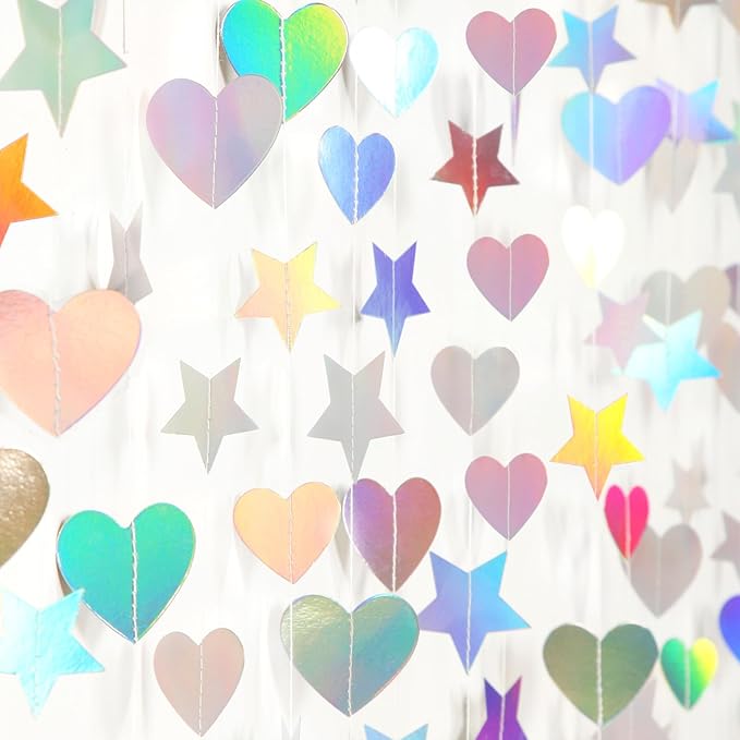 Iridescent Disco-Holographic Party-Decorations Star Heart-Garland - 52Ft Neon Wedding Hanging Paper Streamers Banner,Birthday Bachelorette Baby Bridal Shower Engagement Decor Ouruola