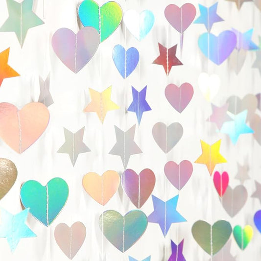 Iridescent Disco-Holographic Party-Decorations Star Heart-Garland - 52Ft Neon Wedding Hanging Paper Streamers Banner,Birthday Bachelorette Baby Bridal Shower Engagement Decor Ouruola