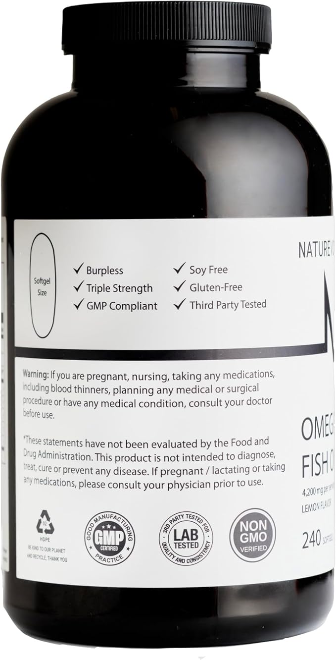 Triple Strength Omega 3 Fish Oil 4200mg - Lemon Flavored | EPA & DHA Fatty Acids | 1200mg EPA + 900mg DHA | Deep Sea Fish | Burpless Fish Oil Supplement - 240 Softgels