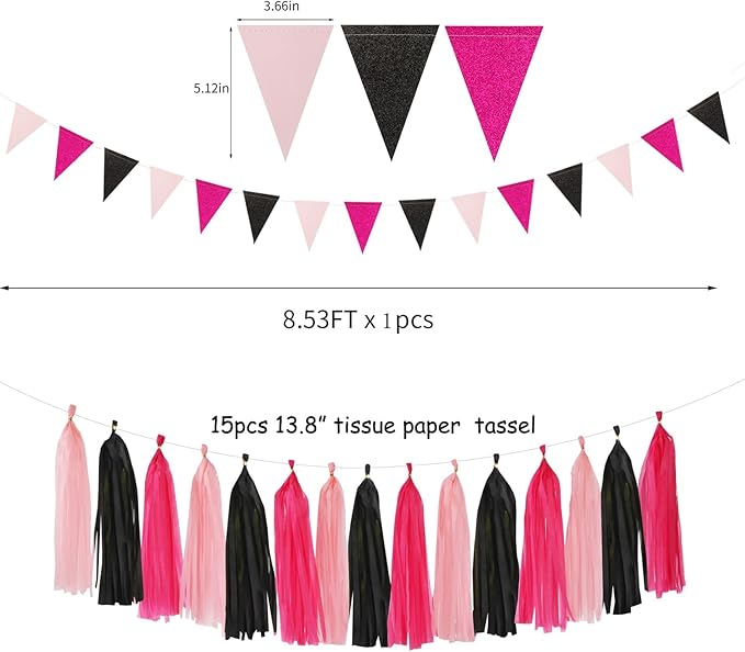 Hot-Pink Black Party-Decorations Paper Flower Streamers - 23pcs Baby Girl Women Birthday Tissue Pom Poms,Bachelorette Shower Tassel Garland Banner,Graduation Hanging Supplies Decor Ouruola