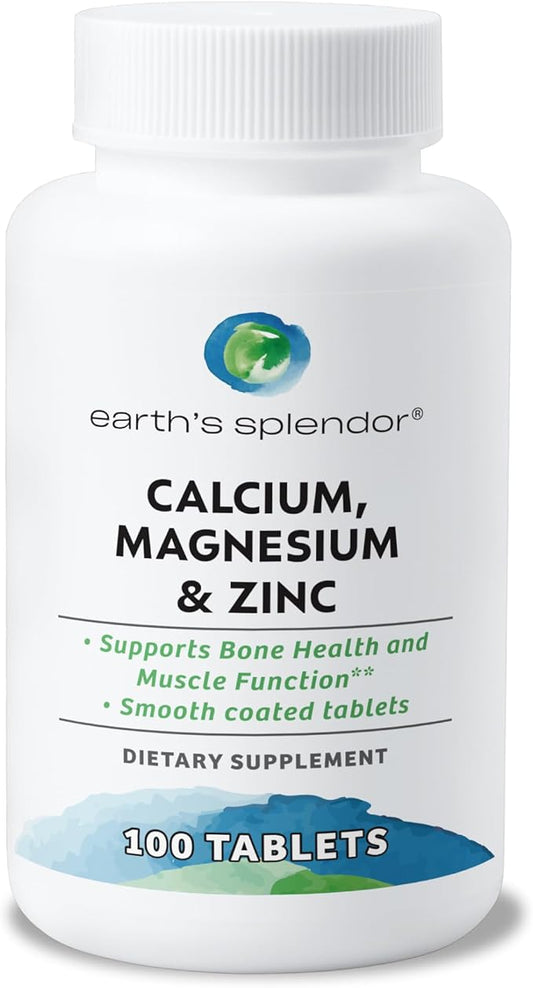 Earth's Splendor 1000 mg Calcium, 400 mg Magnesium, and 15 mg Zinc, Heart and Immune System Health, Bone and Muscle Support Supplement, 100 Tablets 1 + Month Supply
