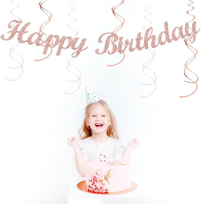 Pink White Rose-Gold Birthday Party-Decorations - 21pcs Happy Banner, Paper Lanterns,Tissue Pom Poms Flower Fan,Honeycomb Ball,Swirl Streamers Garland Supplies Decor Girls Women Huglony