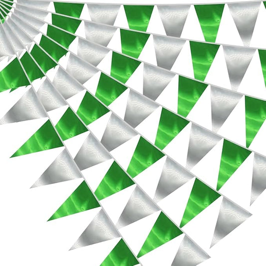 40M/130FT Green Silver Triangle Pennant Banner Flag Metallic Fabric Bunting Garland for Christmas Graduation Wedding Engagement Anniversary Bachelorette Birthday Bridal Shower Hen Party Supplies