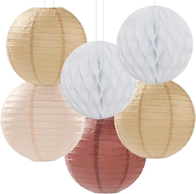 Boho Baby-Shower Party-Decorations Streamers-Lanterns - 14pcs White Brown Champagne Neutral Birthday Wedding Bridal Paper Fan,Tissue Pom Poms,Honeycomb Balls,Engagement Fall Christmas Decor Ouruola