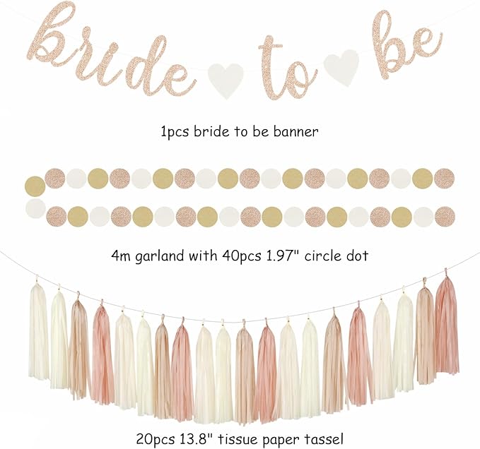 Champagne-Gold Beige Fall Bridal-Shower Party-Decorations - 36pcs Bride To Be Banner,Bachelorette Paper Lanterns,Wedding Streamers Garland,Boho Peach Tissue Pom Poms Flower Fan Decor Supplies Burgleda