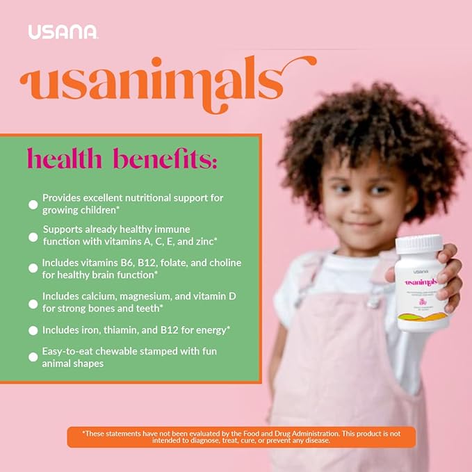 USANA Usanimals Multivitamin for Kids - Daily Chewable Tablets with Vitamins A, C, D, E, B6, B12, Zinc, Iron - Supports Immune, Bone & Brain Health - Essential Nutrients for Ages 2-12 - 56 Tablets