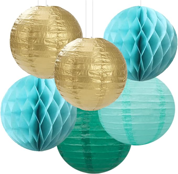 Sage-Green Teal-Blue Party-Decorations Streamers Lanterns - 14pcs Rustic Wedding Baby Shower Paper Lanterns Fan,Tissue Pom Poms,Honeycomb Balls,Birthday Bachelorette Engagement Bridal Decor Ouruola