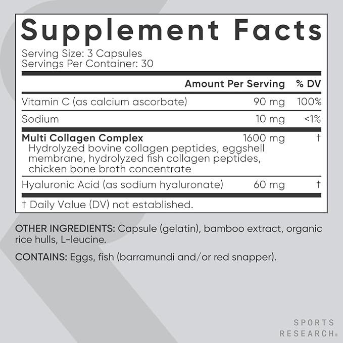 Sports Research® Multi Collagen Pills for Women & Men - Collagen Peptides (Type I, II, III, V, X) Enhanced with Hyaluronic Acid & Vitamin C - Gluten Free ­· Non-GMO - 90 Capsules