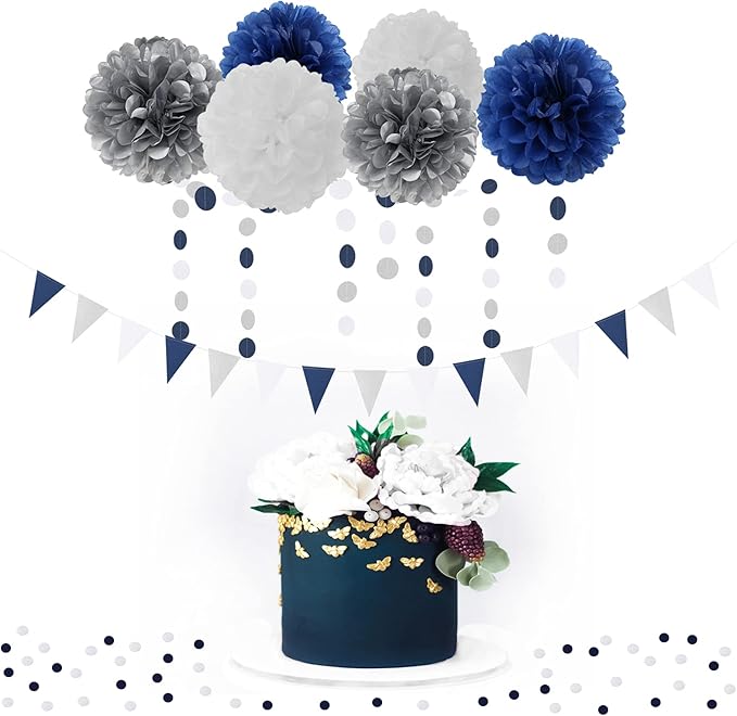 Navy Blue White Silver Party Decorations,23pcs Kit Graduation 2025 Tissue Paper Pom Poms Streamers,Tassel Garland Banner Flowers,Men Birthday Bachelorette Baby Shower Christmas Decor Lasting Surprise