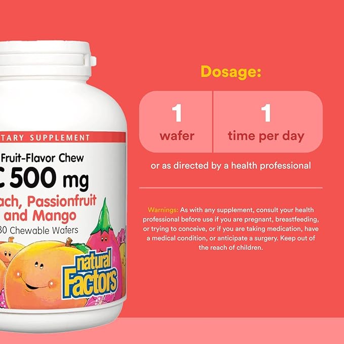 Natural Factors, Kids Chewable Vitamin C 500 mg, Supports Immune Health, Bones, Teeth and Gums, Peach, Passionfruit and Mango, 180 Wafers