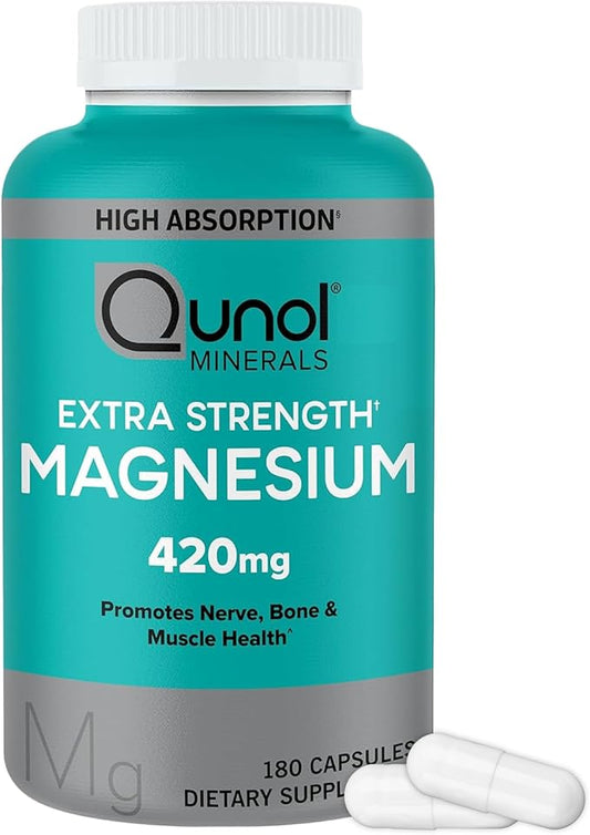 Qunol Magnesium Capsules 420mg, 100% DV, High Absorption Magnesium Supplement, Extra Strength, Bone and Muscle Health Supplement, 180 Count