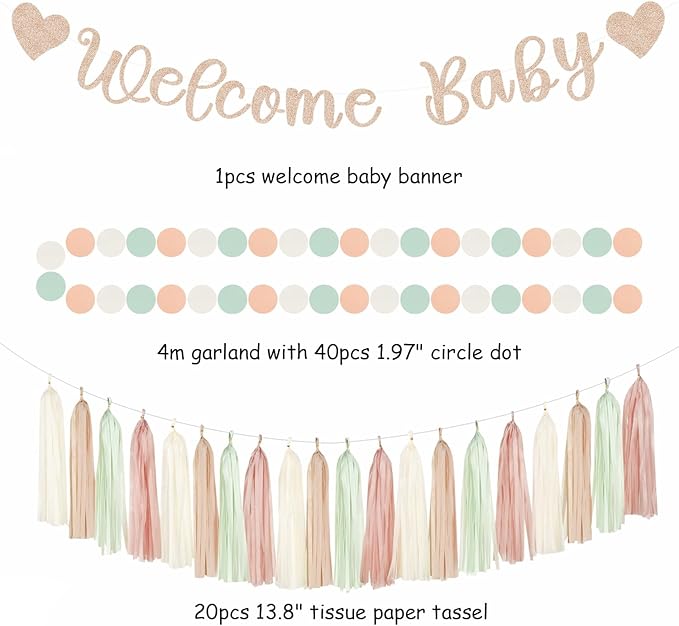Sage-Green Pink-Beige Baby-Shower Party-Decorations - 36pcs Welcome Home Banner Sign,Girl Paper Lanterns,Neutral Streamers Garland,Boho Tissue Pom Poms Flowers Fans Backdrop Decor Burgleda