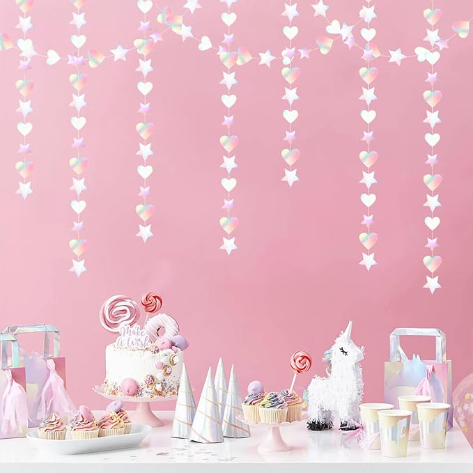 Iridescent Disco-Holographic Party-Decorations Star Heart-Garland - 52Ft Neon Wedding Hanging Paper Streamers Banner,Birthday Bachelorette Baby Bridal Shower Engagement Decor Ouruola