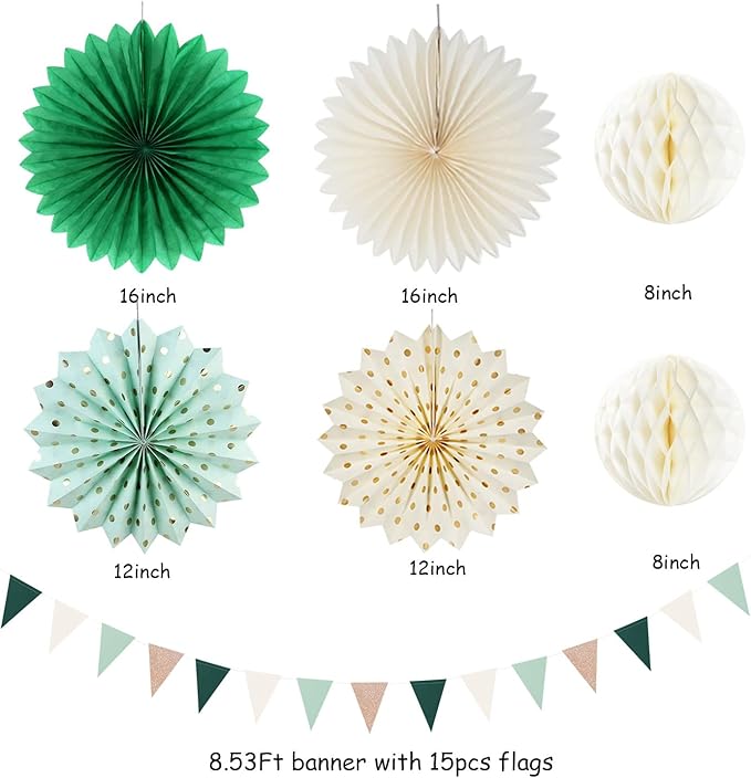 Olive-Sage Green Champagne-Gold Pink Party-Decorations - 20pcs Rustic Wedding Paper Lanterns Fans,Tissue Pom Poms,Honeycomb Balls,Bunting,Boho Bachelorette Neutral Baby Shower Decor Burgleda