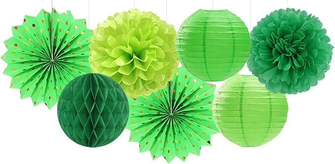 Green Party Decorations Streamers Lanterns - 14pcs St Patricks Day Paper Lanterns Fan,Tissue Pom Poms,Honeycomb Spring Summer Birthday Wedding Engagement Baby Shower Decor Ouruola