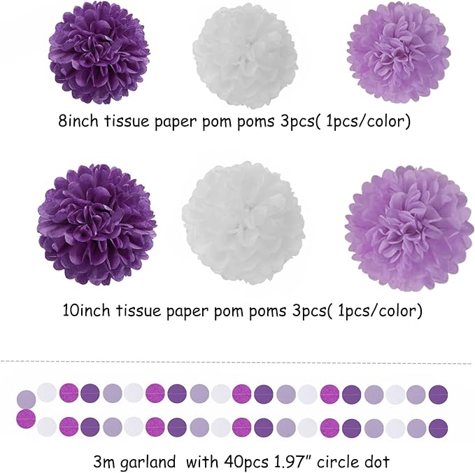 Purple White Lavender Party-Decorations Streamers - 28pcs Tissue Pom Poms,Women Girl Birthday Supplies Tassel Garland Banner,Baby Bridal Shower Wedding Engagement Bachelorette Graduation Decor Lasting Surprise