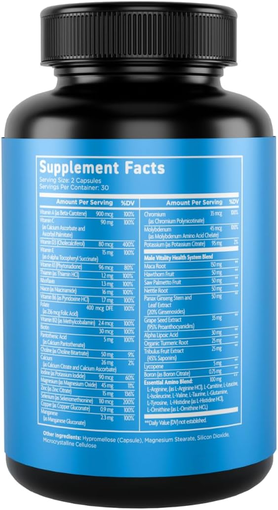 Vital Vitamins Men's Multivitamin Complex - Made with Essential Amino Acids & Maca Root - with Vitamin A, C, E, B6, B12, D3 & Male Performance Blend - Daily Mens Multivitamin - 60 Capsule
