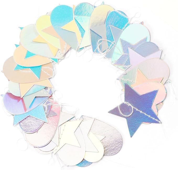 Iridescent Disco-Holographic Party-Decorations Star Heart-Garland - 52Ft Neon Wedding Hanging Paper Streamers Banner,Birthday Bachelorette Baby Bridal Shower Engagement Decor Ouruola