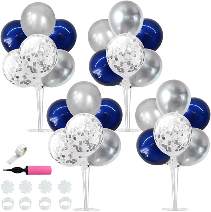 TONIFUL 4 Set Navy Blue Silver Balloon Centerpieces for Table,Balloon Stand Kit for Graduation Decoration 2026,Retirement Party Decorations,Men’s Birthday Decorations,Father's Day