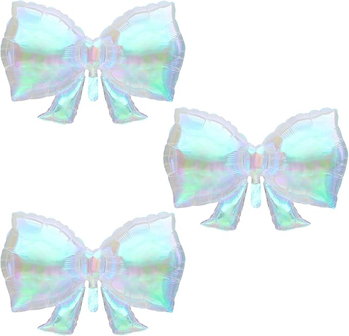 FBQ 3 Pcs Iridescent Bow Foil Balloons Giant Holographic Clear Foil Balloons Anniversary Birthday Baby Shower Wedding Party Decorations Supplies