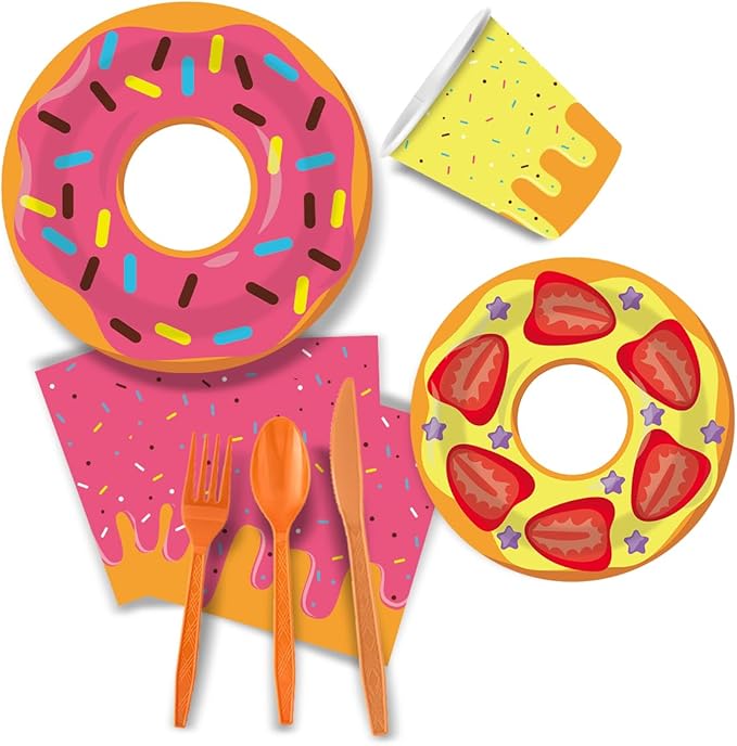 Donut Themed Birthday Tableware Set,162 Pcs Paper Plates Napkins Cups Tablecloth Knives Fork Spoon Paper Banner and Straws for Birthday Christmas Party Supplies Serves 20 Guests (Girls)