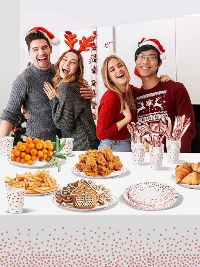 141 Pieces Rose Gold Party Supplies, Disposable Party Decorations Sets Include Paper Plates Napkins Cups, Plastic Forks Knives Spoons, for Baby Shower Birthday Wedding -20 Guests