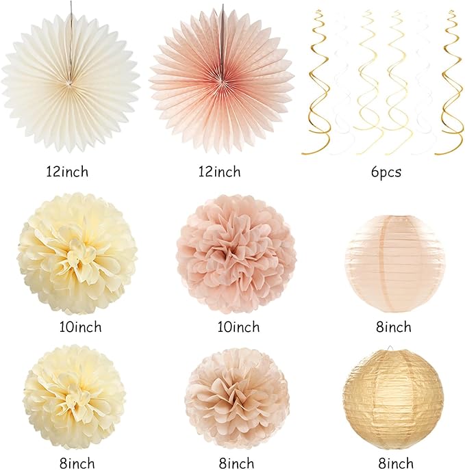 Champagne-Gold Beige 21st Happy-Birthday Party-Decorations - 31pcs Sweet 16 18th Women Girls Paper Lanterns Streamers Banner,Tissue Pom Poms Fans Tassels Graland Decor,Fall Boho Rose Backdrop Hugmoon
