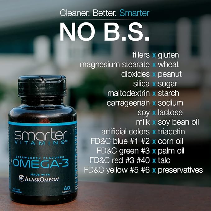 (2 Pack) Smarter Omega 3 Fish Oil, Berry Flavor, Burpless, Tasteless, 2000mg, Potent Triple Strength DHA EPA Brain OMEGA3, Made with AlaskOmega®