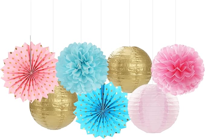 Pink Blue-Gold Party-Decorations Streamers Lanterns - 14pcs Gender Reveal Boy or Girl Birthday Paper Lanterns Fan,Tissue Pom Poms Streamer, Honeycomb Balls Decor