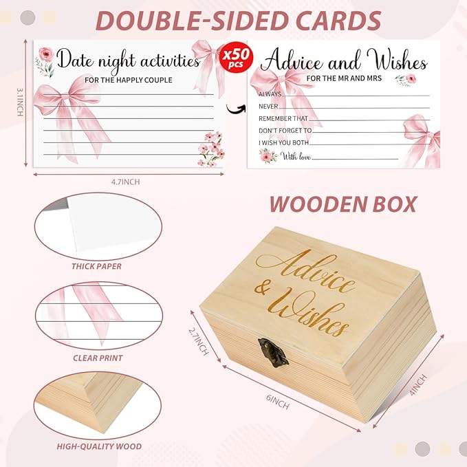 50Pcs Wedding Pink Bow Advice and Wishes Cards Box for The Mr and Mrs Wedding Bridal Shower Engagement Party Games Decorations for Reception