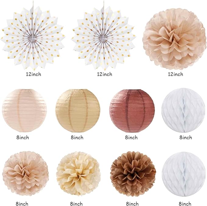 White-Brown Champagne-Gold Boho Birthday Party-Decorations - 21pcs Happy Banner,Beige Neutral Rustic Paper Lanterns Honeycomb, Hanging Streamers,Tissue Pom Poms Flower Fan,Fall Decor Supplies Huglony