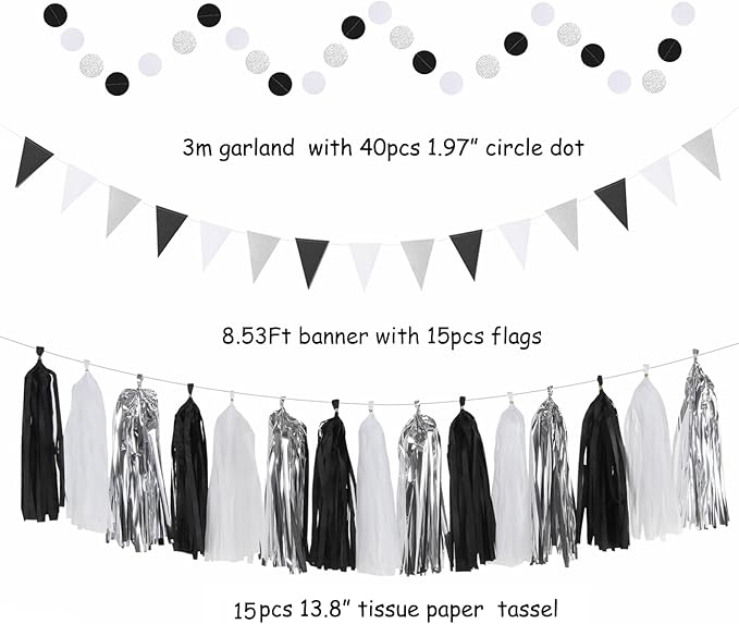 Black White-Silver Party-Decorations - 33pcs Kits Banner,Graduation Streamer Tassel Garland,Tissue Pom Poms Honeycomb,Paper Lantern Fans,Birthday Wedding Baby Bridal Shower New Years Decor Hugtmr