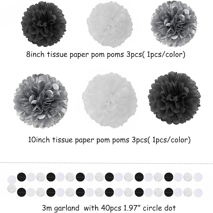 Black White Silver Party-Decorations Streamers - 23pcs Tissue Pom Poms, Graduation Men Boys Birthday Tassel Garland Banner,Wedding Baby Bridal Shower New Years Decor Lasting Surprise