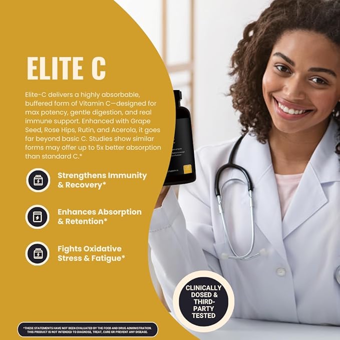 Elite-C – 1000mg of Pure, Non-Acidic Vitamin C – Buffered, High-Absorption, USA-Sourced & Made – Grape Seed, Rosehip, Rutin, Acerola – Clean, Non-GMO, Bioavailable Immune Support, 120 Capsules