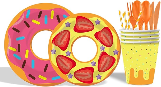 Donut Themed Birthday Tableware Set,162 Pcs Paper Plates Napkins Cups Tablecloth Knives Fork Spoon Paper Banner and Straws for Birthday Christmas Party Supplies Serves 20 Guests (Girls)