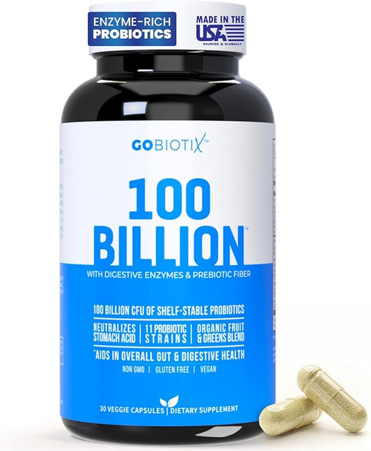 GOBIOTIX 100 Billion - Digestive Enzymes Supplement - Probiotics Multivitamin - Prebiotic Fiber Blend - 100 Billion CFU - Organic Fruit and Greens Blend - Vegan, Non GMO - 30 Capsules