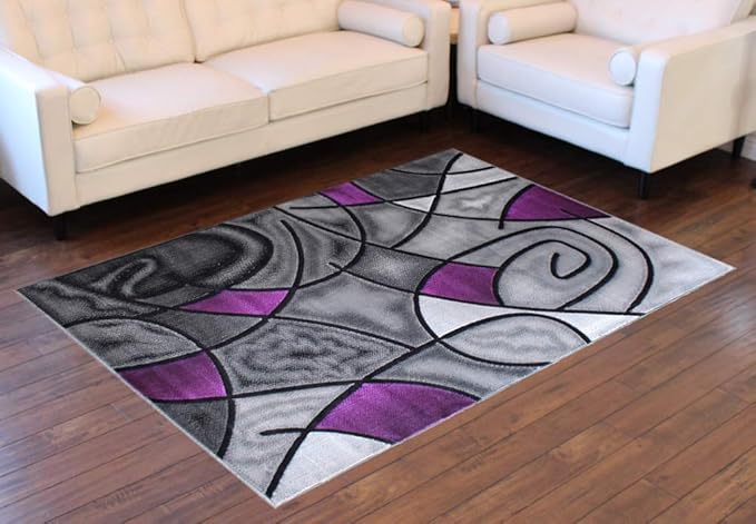 Masada Rugs, Modern Contemporary Area Rug, Purple Grey Black (5 Feet X 7 Feet)