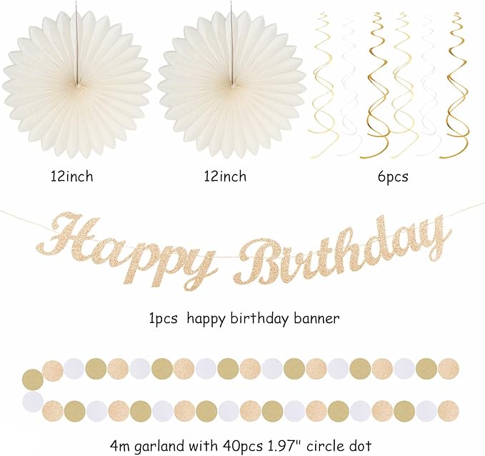 Champagne-Gold Beige 16 Happy Birthday Party-Decorations - 22pcs 21st Women Girls Paper Lanterns Streamers Banner Pom Poms,Fall Boho Aesthetic Bohemian Rose Groovy Decor Backdrop Supplies Hugmoon