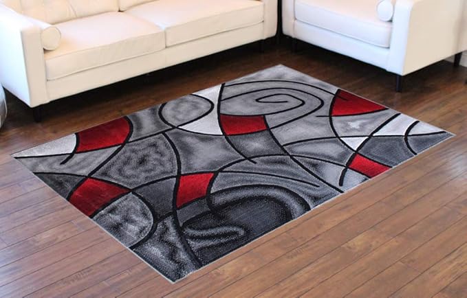 Masada Rugs, Modern Contemporary Area Rug, Red Grey Black. (5 Feet X 7 Feet)