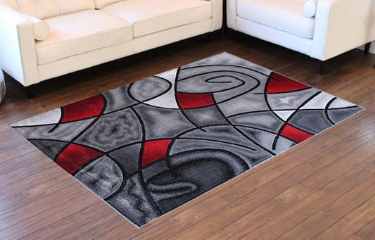 Masada Rugs, Modern Contemporary Area Rug, Red Grey Black. (5 Feet X 7 Feet)