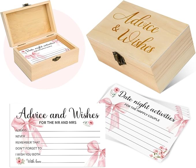50Pcs Wedding Pink Bow Advice and Wishes Cards Box for The Mr and Mrs Wedding Bridal Shower Engagement Party Games Decorations for Reception
