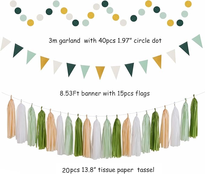 Sage-Olive Green Gold Brown Boho Party-Decorations - 33pcs Paper Lanterns Fan, Banner,Streamers Tassel Garland,Tissue Pom Poms,Baby Bridal Shower Birthday Wedding Bachelorette Engagement Decor Hugtmr