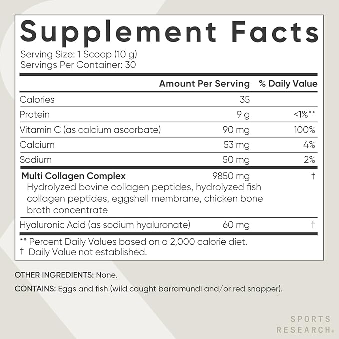 Sports Research Multi Collagen Protein Powder (Type I, II, III, V, X) with Hyaluronic Acid + Vitamin C | 5 Types of Food Based Collagen, 30 Servings (Unflavored)