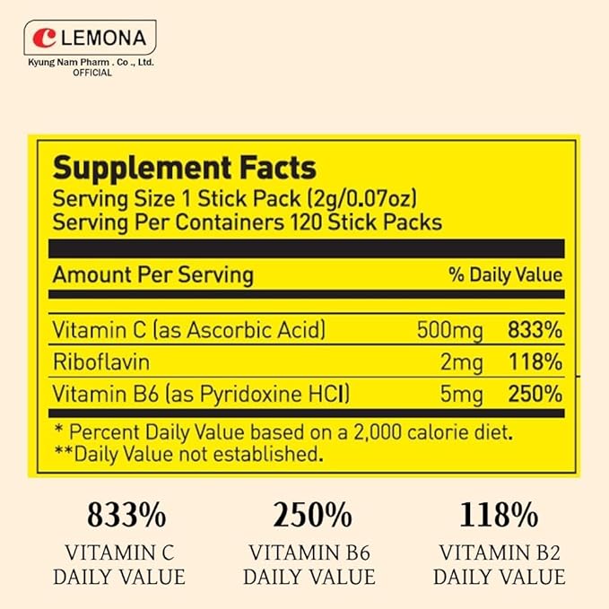 LEMONA Official Vitamin C Powder 500mg Korean Supplements Immune Support B6, B2, On-The-Go Packets Vitamin Healthy Living, Easy to Take Daily Energy Boost Korean Food Snacks Lemon (120Sticks)