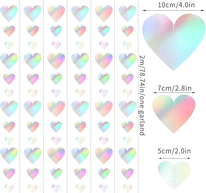 Iridescent Disco-Holographic Party-Decorations Love-Heart Garland - 39Ft Wedding Hanging Decoration Neon Streamers Banner, Birthday Bachelorette Baby Bridal Shower Engagement Decor Hugtmr