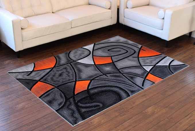 Masada Rugs, Modern Contemporary Area Rug, Orange Grey Black (8 Feet X 10 Feet)